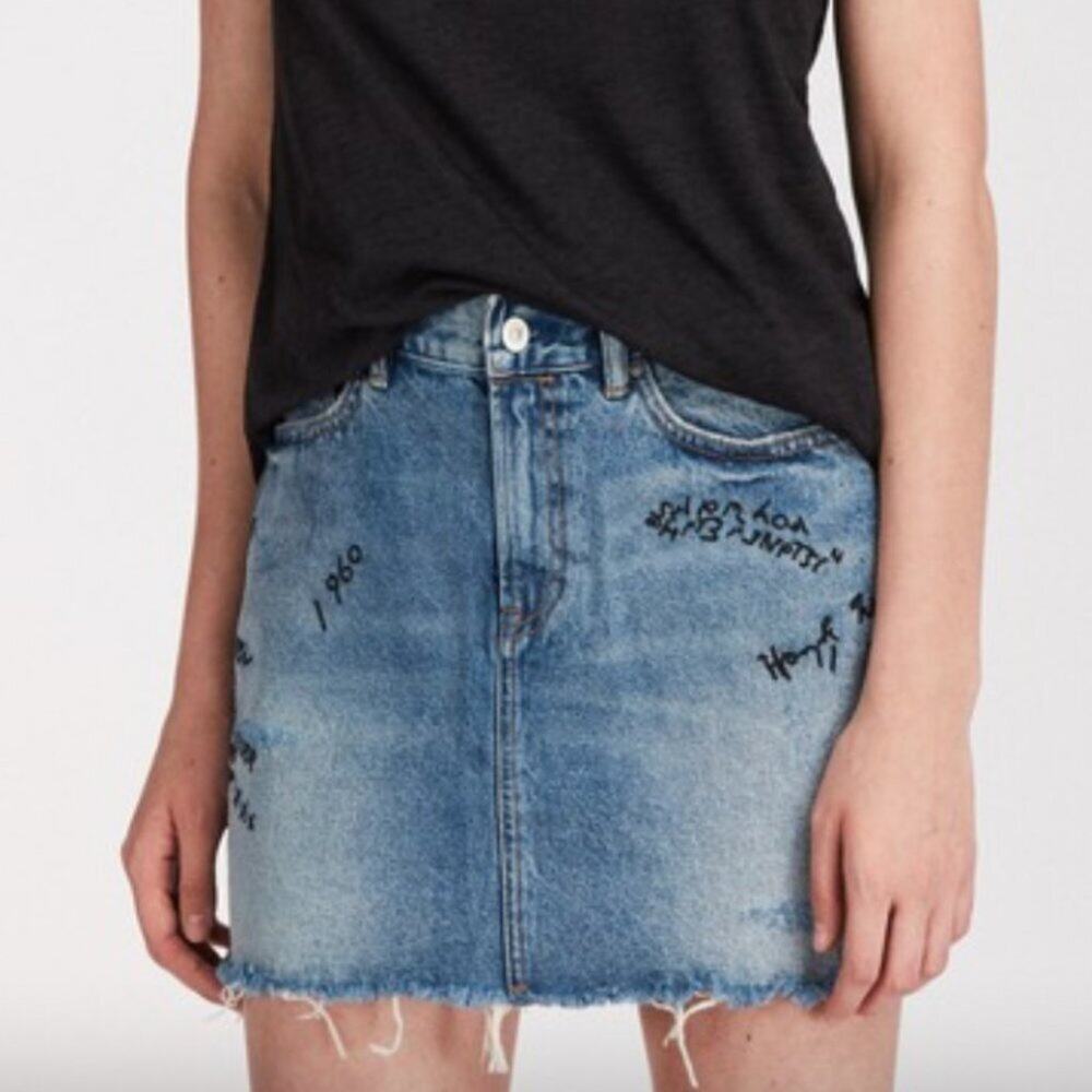 AllSaints Graff Embroidered Denim Mini Skirt - Picture 1 of 8